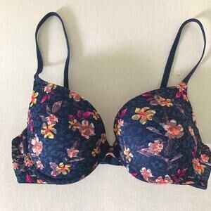 Victoria's Secret PINK Wear Everywhere Push Up Navy Blue Floral Lace Bra 34C